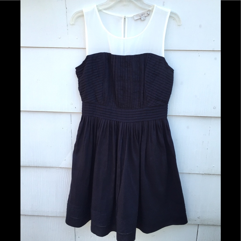 Loft Navy Pleated Dress with Sheer White Top